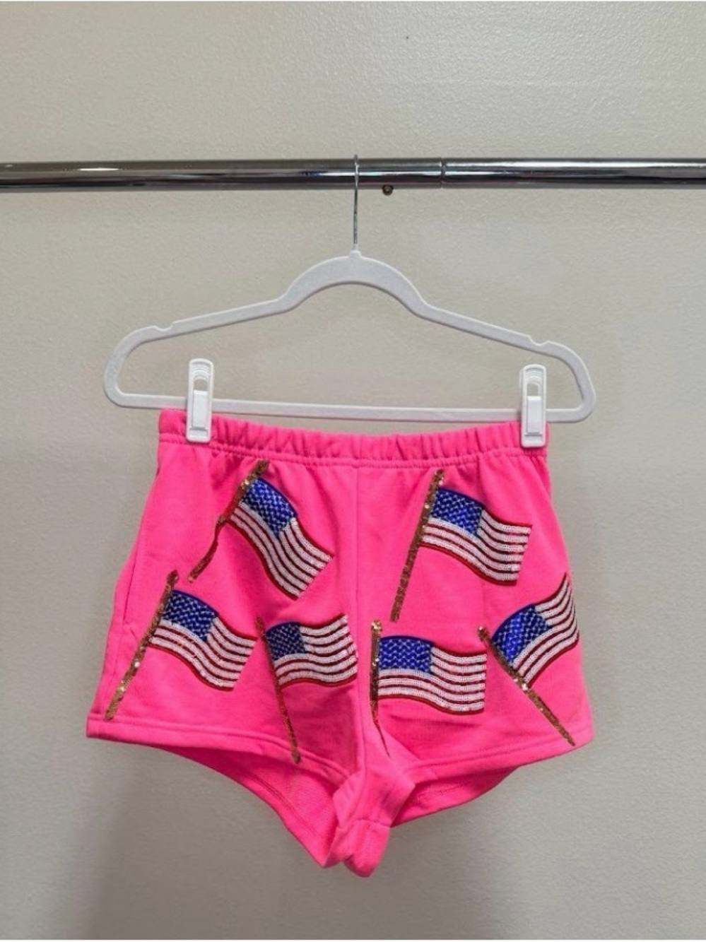 QUEEN OF SPARKLES Neon Pink Flag Appliqué Athletic Shorts